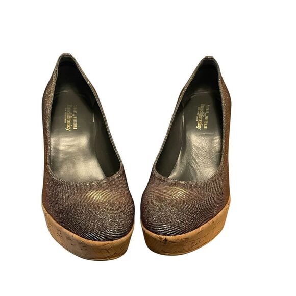 Stuart Weitzman Silver/Gold Glitter Lurex Fabric Cork Wedge Platform Pumps 10 - Picture 6 of 6